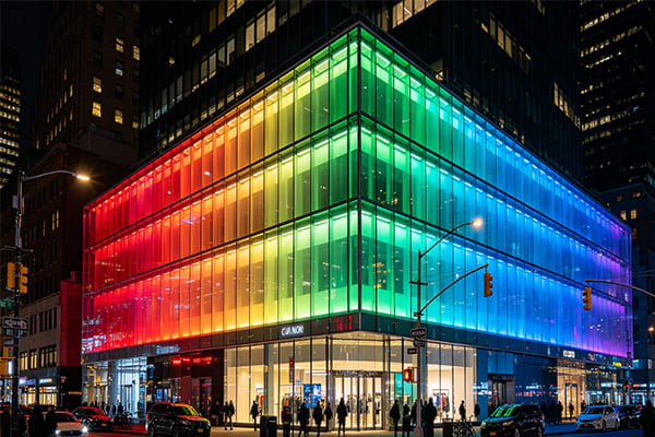 a commercial building with dynamic RGB lighting